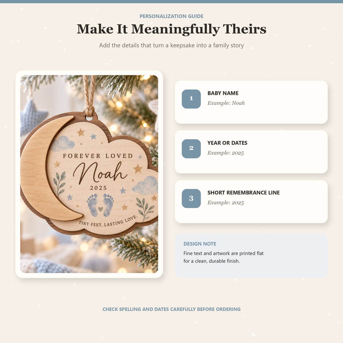 Personalized Baby Memorial Moon Footprints Wood Ornament - Custom Keepsake - image 5