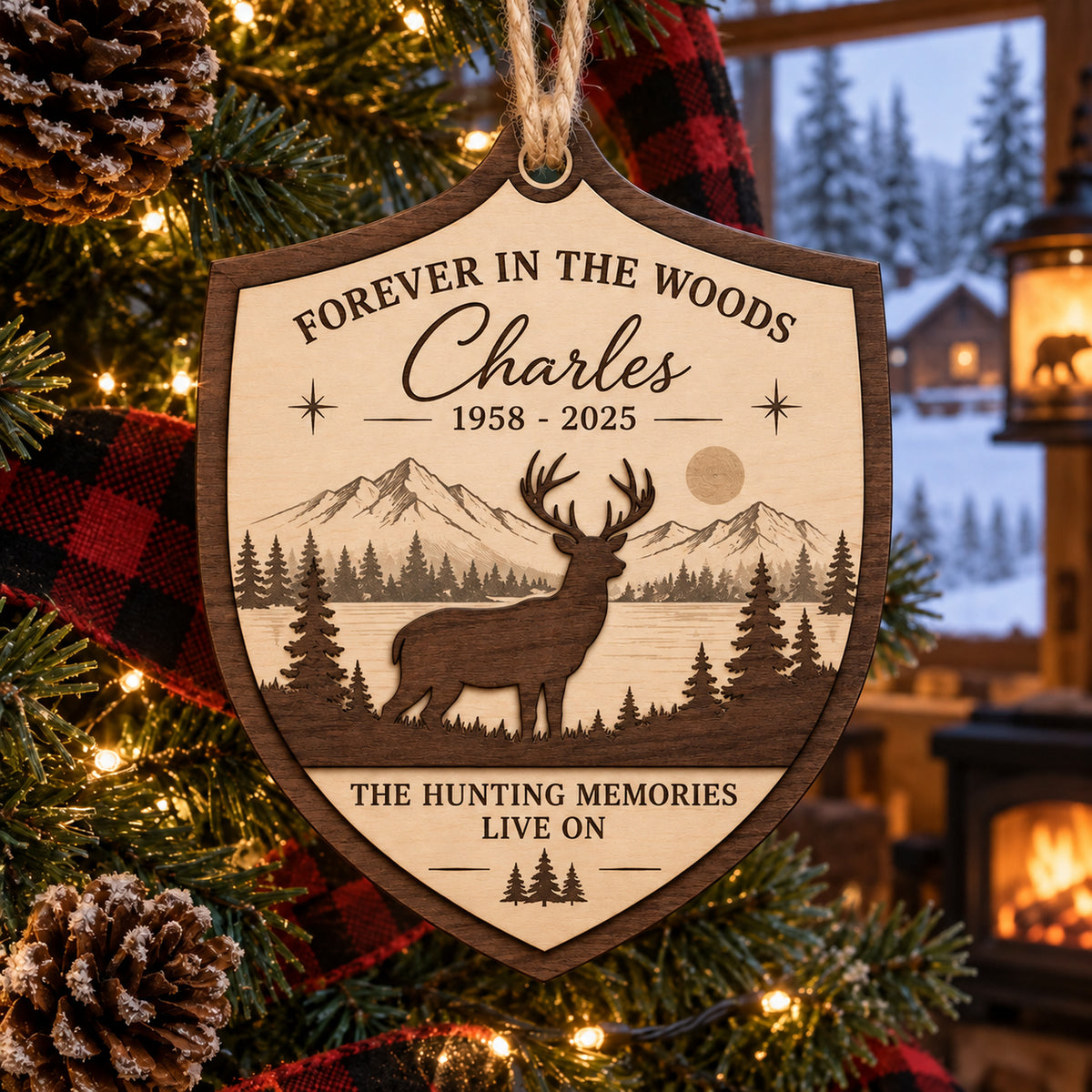 Personalized Hunter Deer Forest Memorial Wood Ornament - Custom Keepsake - image 1