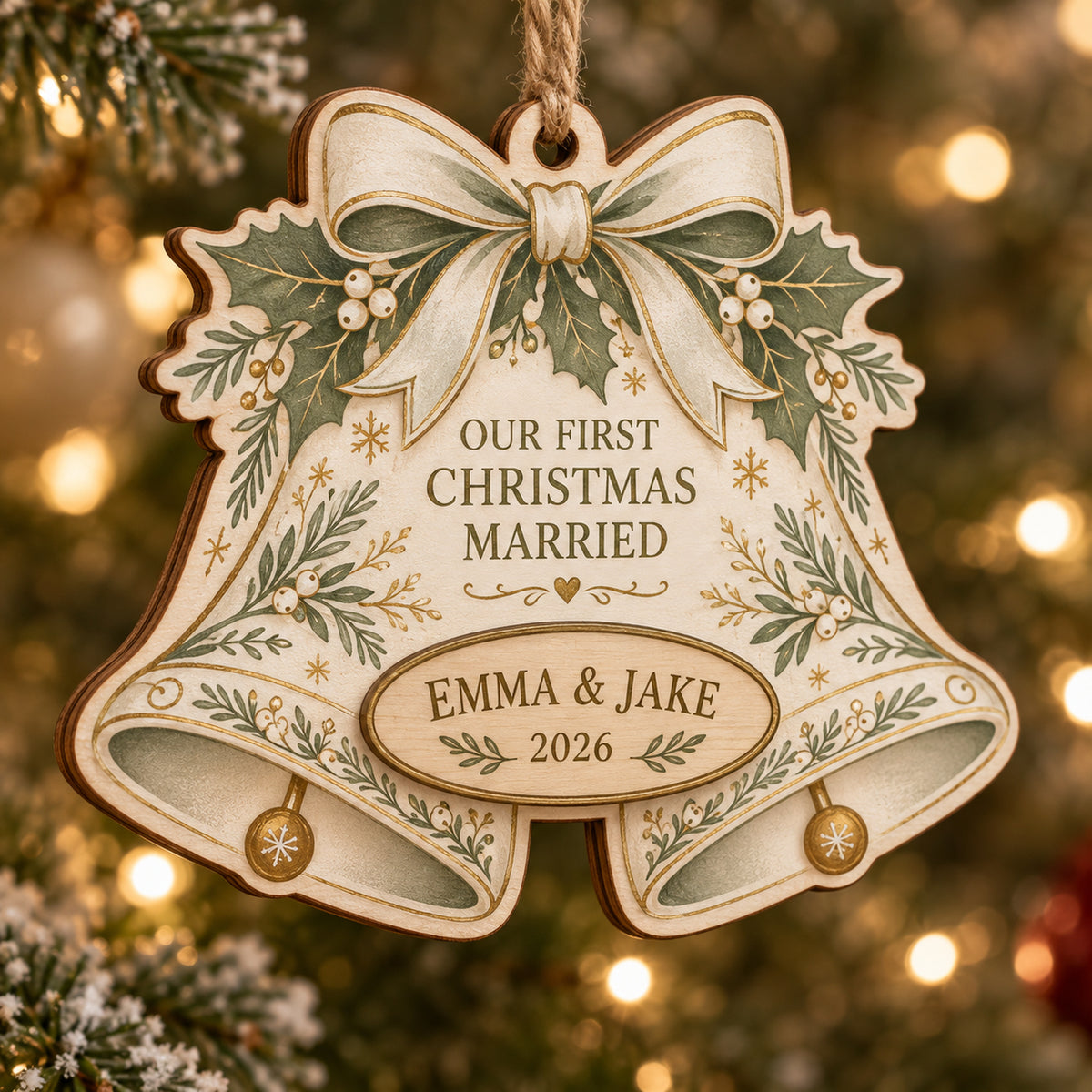 Personalized Wedding Bells Wood Ornament - Custom Keepsake - image 1
