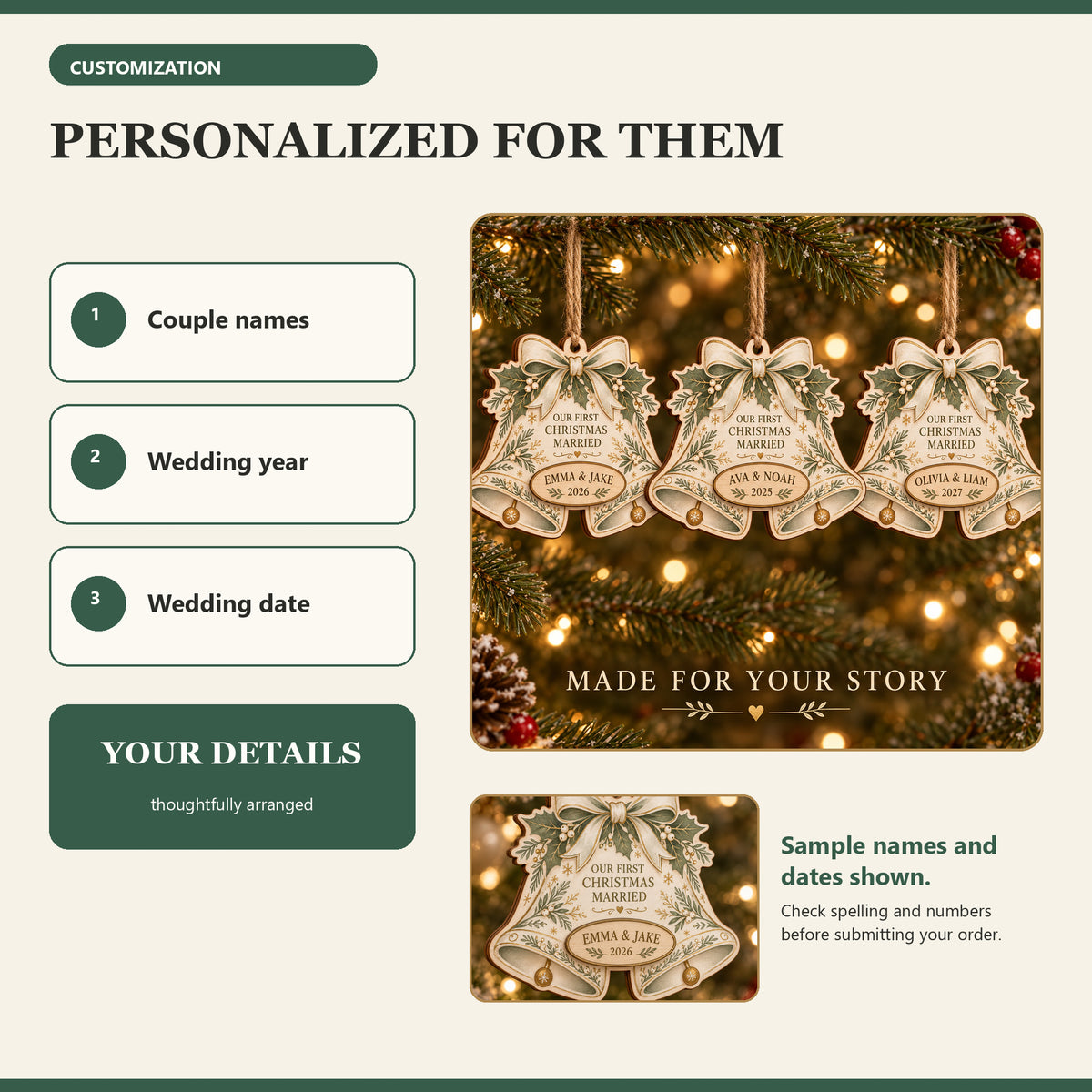 Personalized Wedding Bells Wood Ornament - Custom Keepsake - image 5