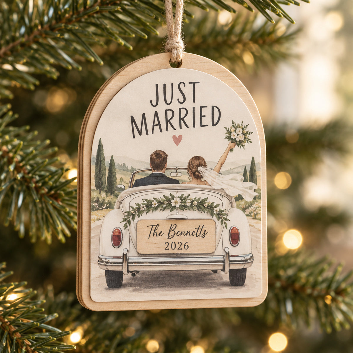 Personalized Just Married Car Wood Ornament - Custom Keepsake - image 1