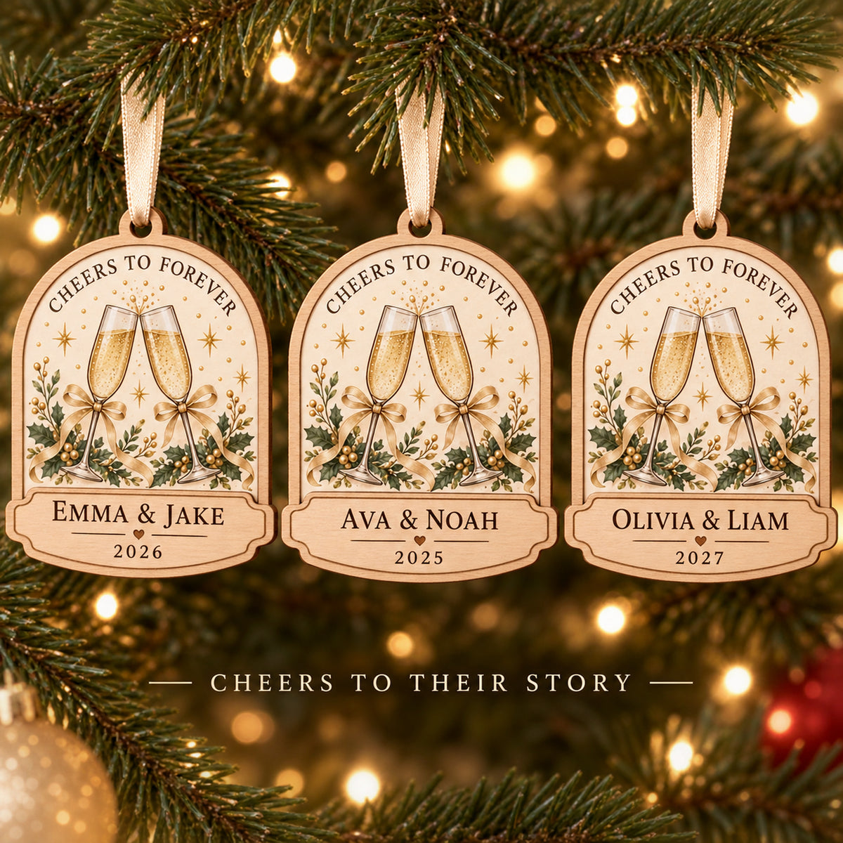 Personalized Champagne Toast Wood Ornament - Custom Keepsake - image 2