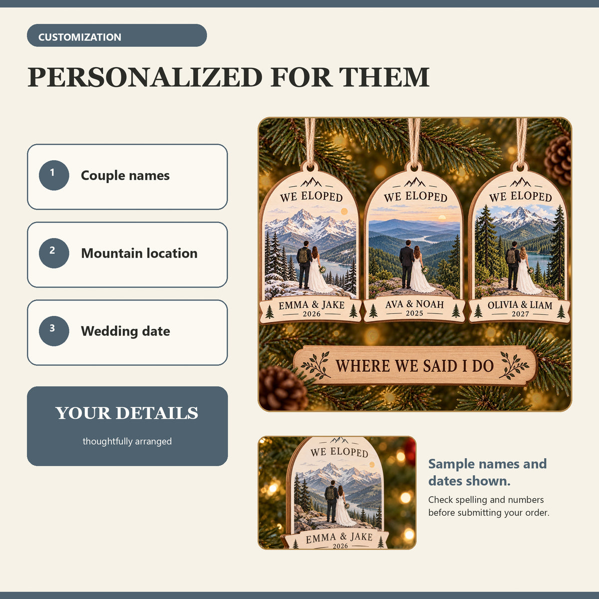 Personalized Mountain Elopement Wood Ornament - Custom Keepsake - image 5