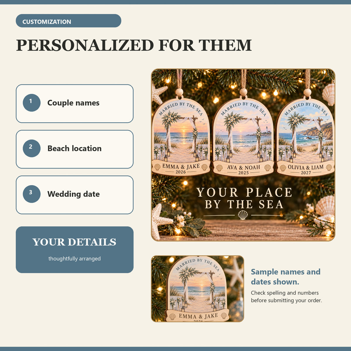 Personalized Beach Wedding Wood Ornament - Custom Keepsake - image 5