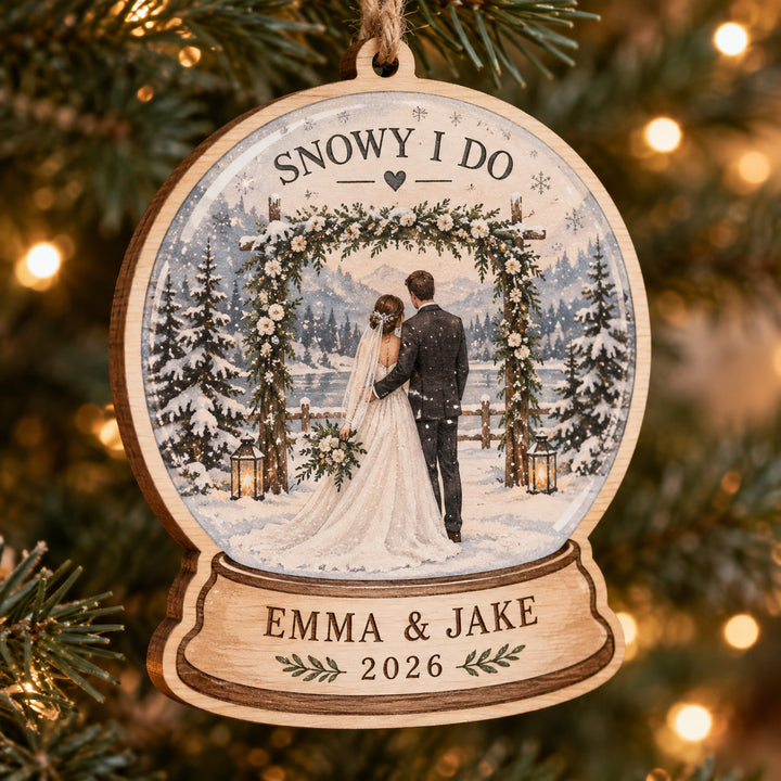 Personalized Snowy Winter Wedding Wood Ornament - Custom Keepsake - image 1