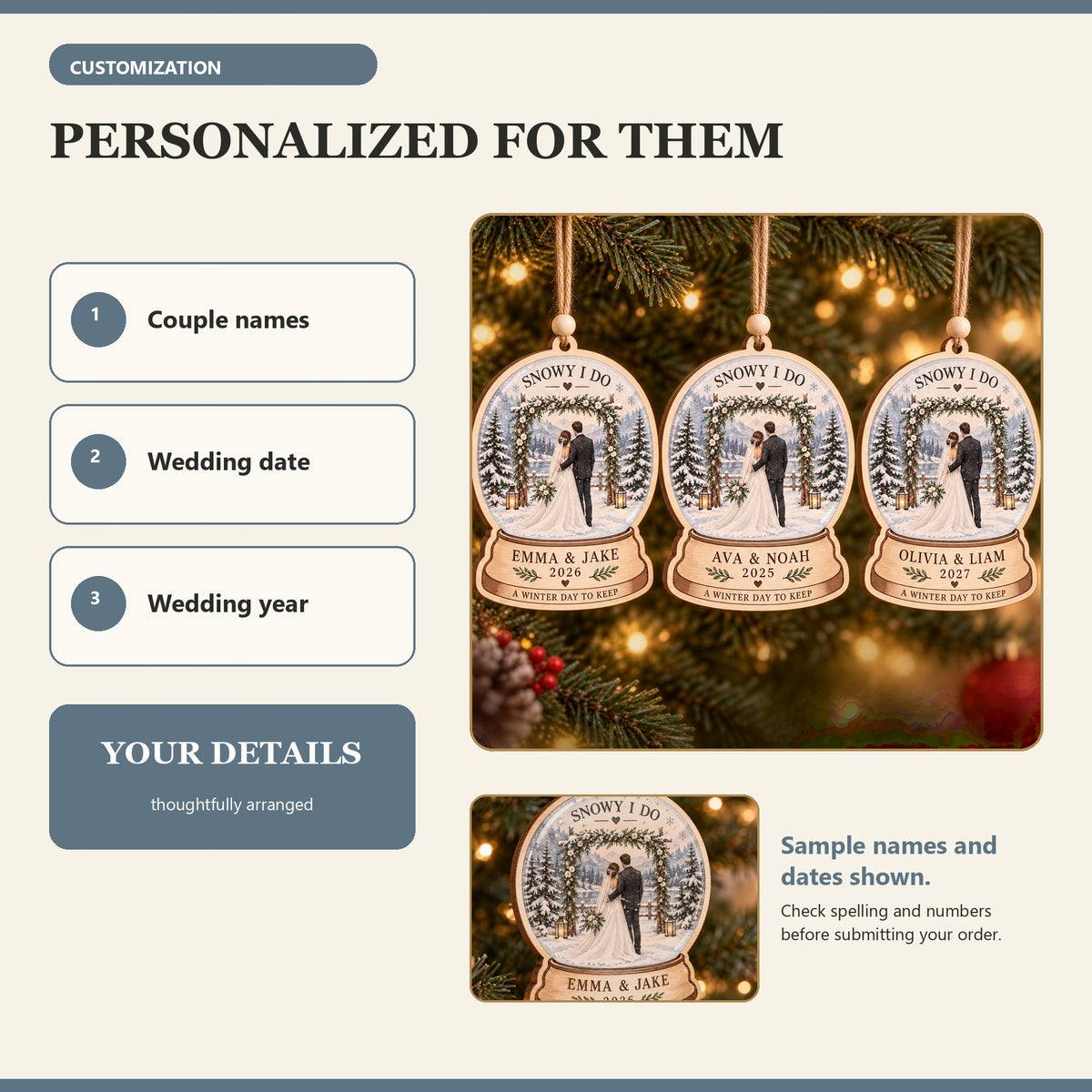 Personalized Snowy Winter Wedding Wood Ornament - Custom Keepsake - image 5