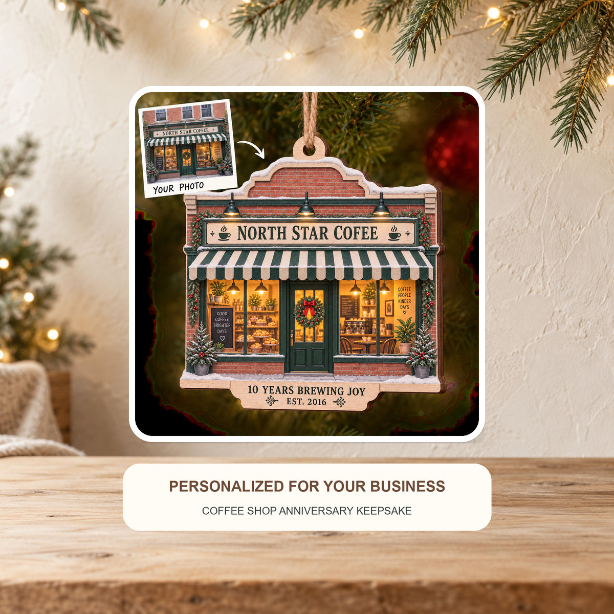 Personalized Coffee Shop Anniversary Wood Ornament - Custom Keepsake - image 2