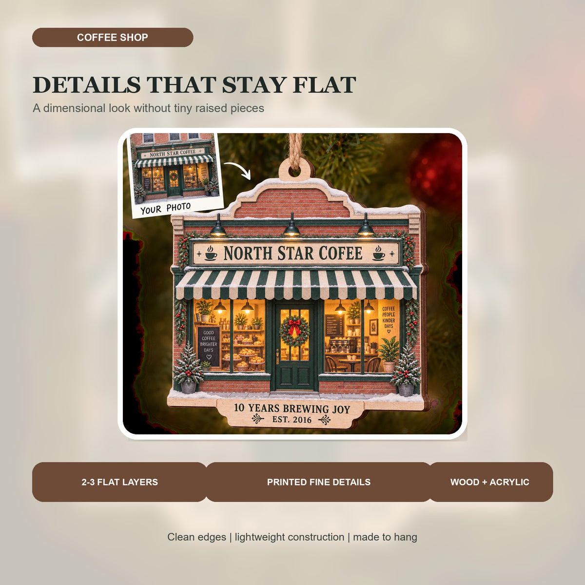 Personalized Coffee Shop Anniversary Wood Ornament - Custom Keepsake - image 3