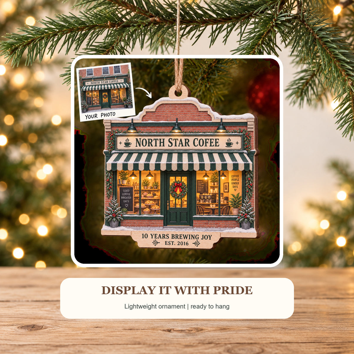 Personalized Coffee Shop Anniversary Wood Ornament - Custom Keepsake - image 6