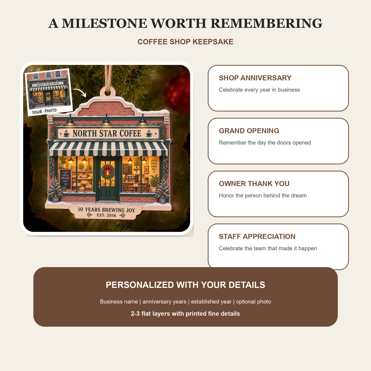Personalized Coffee Shop Anniversary Wood Ornament - Custom Keepsake - image 8