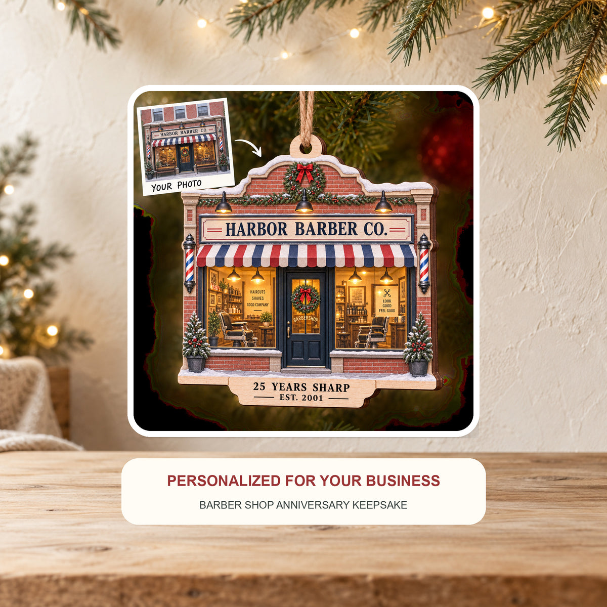 Personalized Barber Shop Anniversary Wood Ornament - Custom Keepsake - image 2
