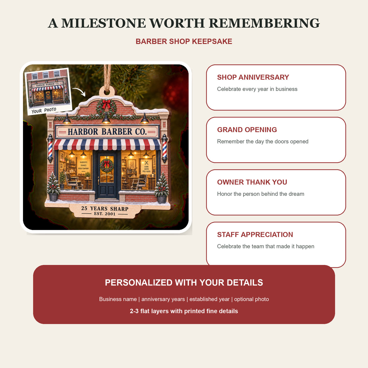 Personalized Barber Shop Anniversary Wood Ornament - Custom Keepsake - image 8