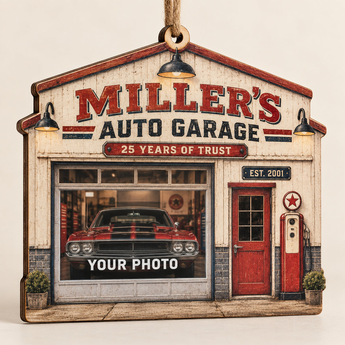 Personalized Auto Repair Anniversary Photo Window Wood Ornament - Custom Keepsake - image 1