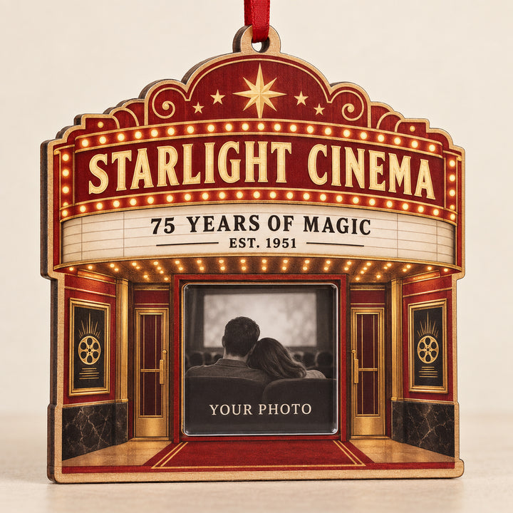 Personalized Movie Theater Anniversary Photo Window Wood Ornament - Custom Keepsake - image 1