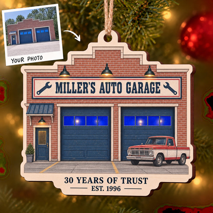 Personalized Auto Repair Anniversary Storefront Wood Ornament - Custom Keepsake - image 1