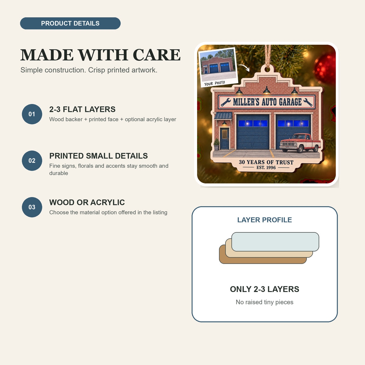 Personalized Auto Repair Anniversary Storefront Wood Ornament - Custom Keepsake - image 4