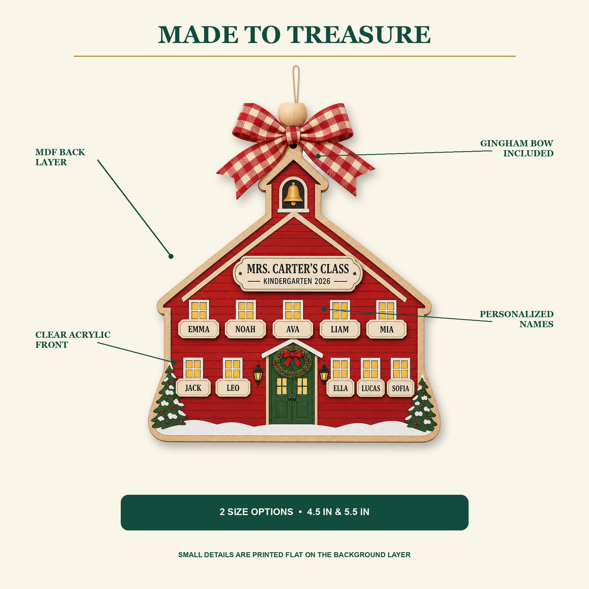 Personalized Schoolhouse Classic Red Acrylic Ornament - Custom Names Keepsake - image 2