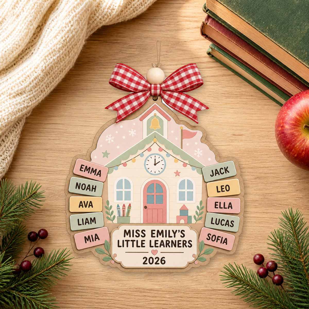 Personalized Schoolhouse Pastel Preschool Acrylic Ornament - Custom Names Keepsake - image 1