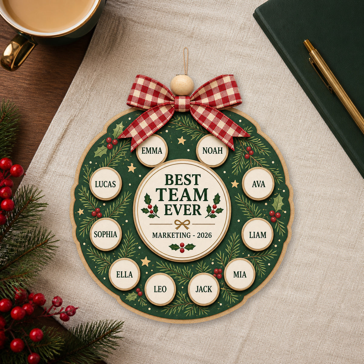 Personalized Team Corporate Wreath Acrylic Ornament - Custom Names Keepsake - image 1