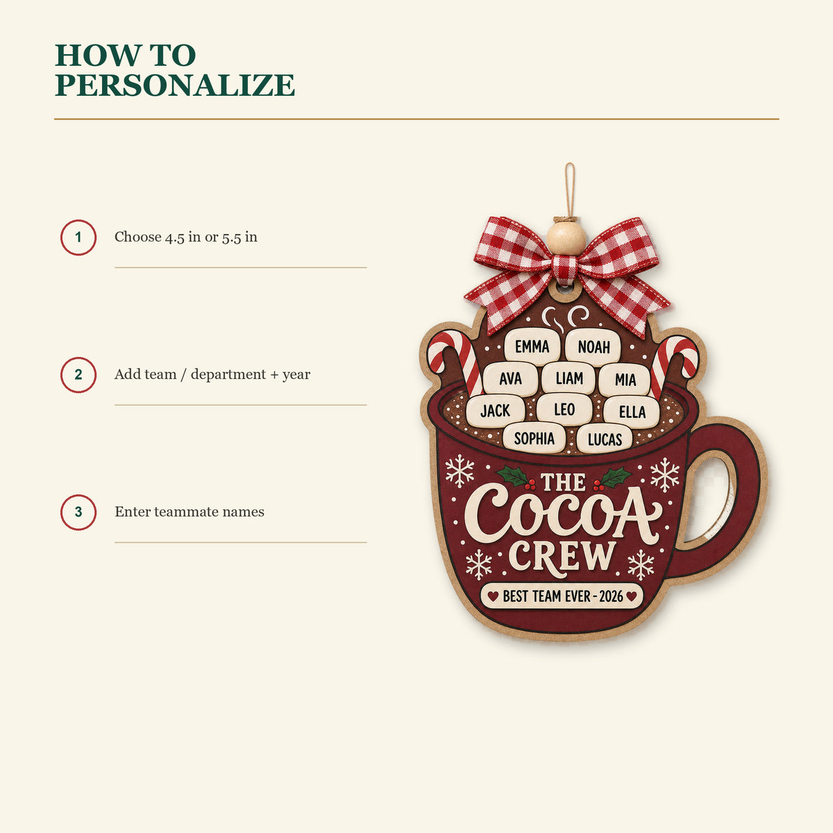 Personalized Team Hot Cocoa Acrylic Ornament - Custom Names Keepsake - image 10