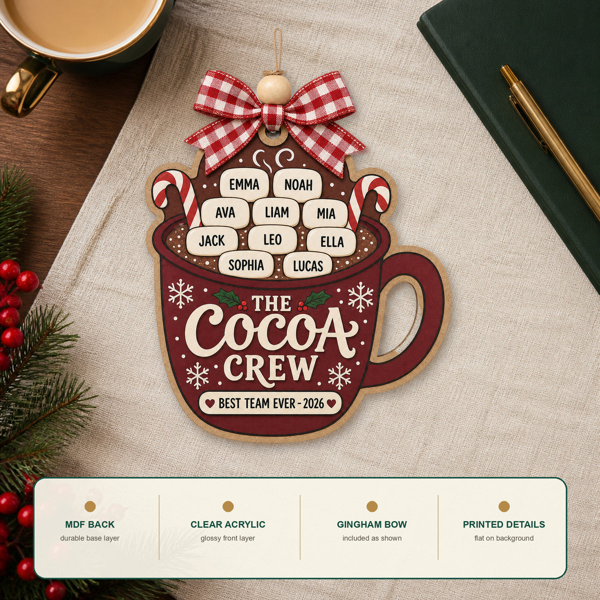 Personalized Team Hot Cocoa Acrylic Ornament - Custom Names Keepsake - image 6