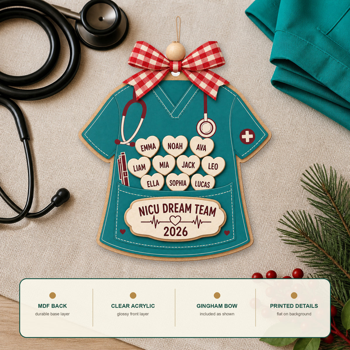 Personalized Healthcare Scrub Pocket Acrylic Ornament - Custom Names Keepsake - image 6