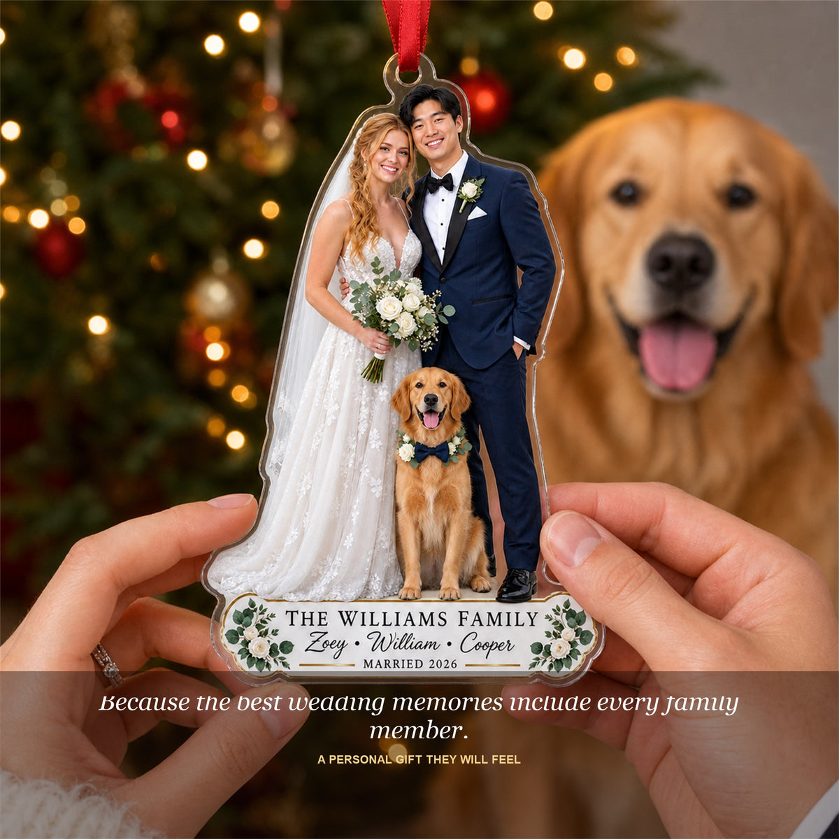 Personalized Bride Groom With Pet Photo Acrylic Ornament - Custom Couple Keepsake - image 2