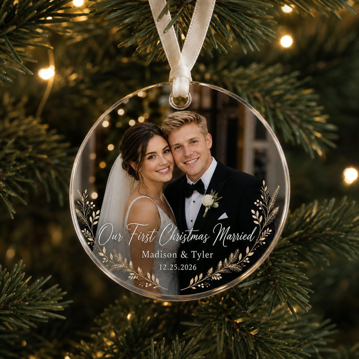 Personalized First Christmas Married Photo Acrylic Ornament - Custom Couple Keepsake - image 2