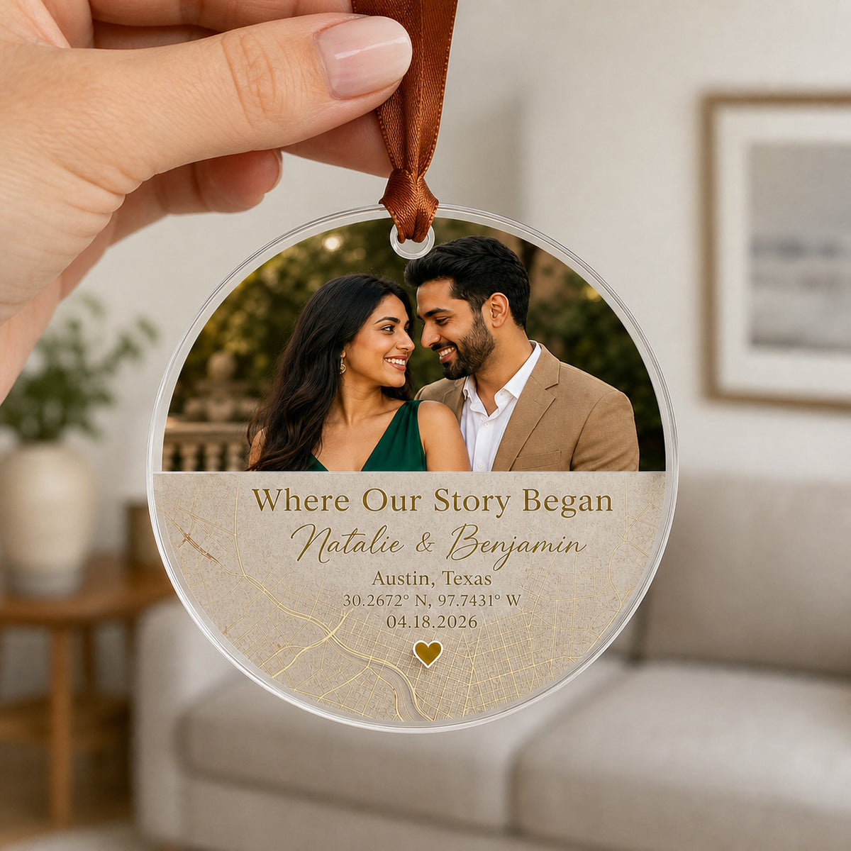 Personalized Love Map Coordinates Photo Acrylic Ornament - Custom Couple Keepsake - image 3