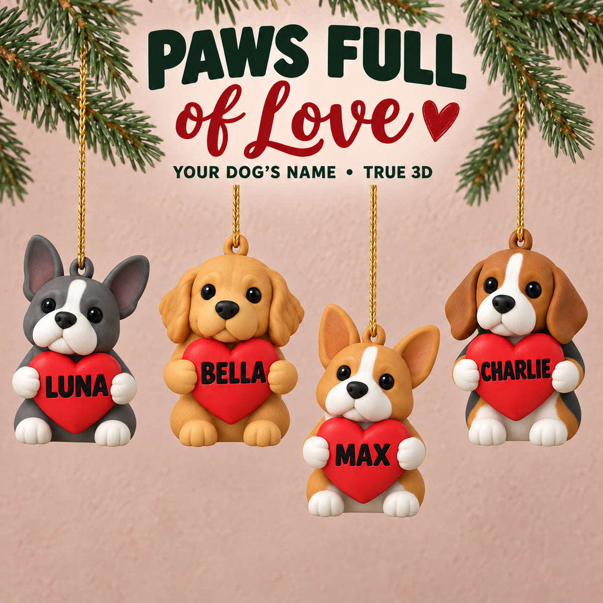 Personalized Heart Dogs 3D Ornament - Custom Christmas Keepsake - image 1