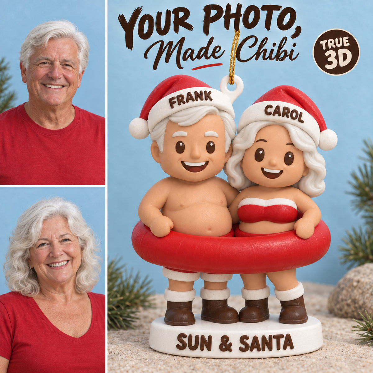 Personalized Beach Santa 3D Ornament - Custom Christmas Keepsake - image 1