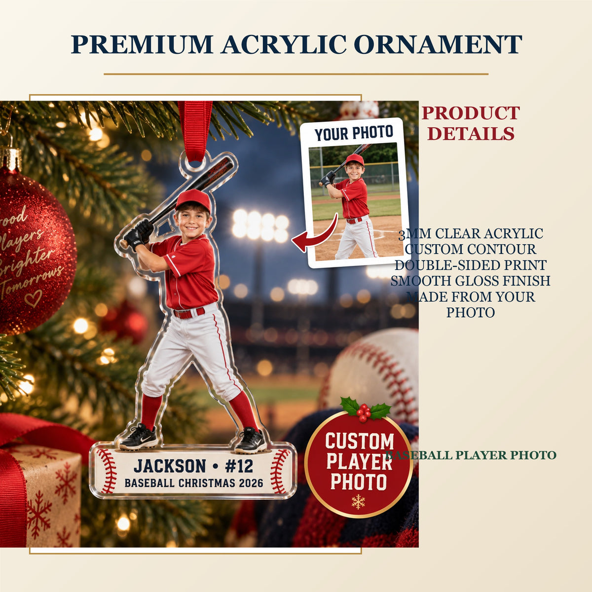 Personalized Baseball Player Acrylic Ornament - Custom Photo Keepsake - image 2