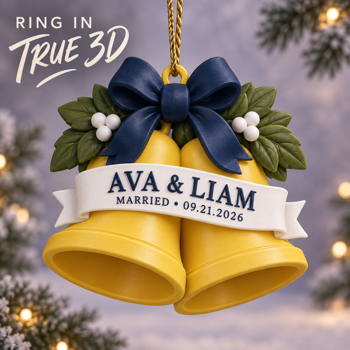 Personalized Wedding Bells 3D Ornament - Custom Christmas Keepsake - image 1