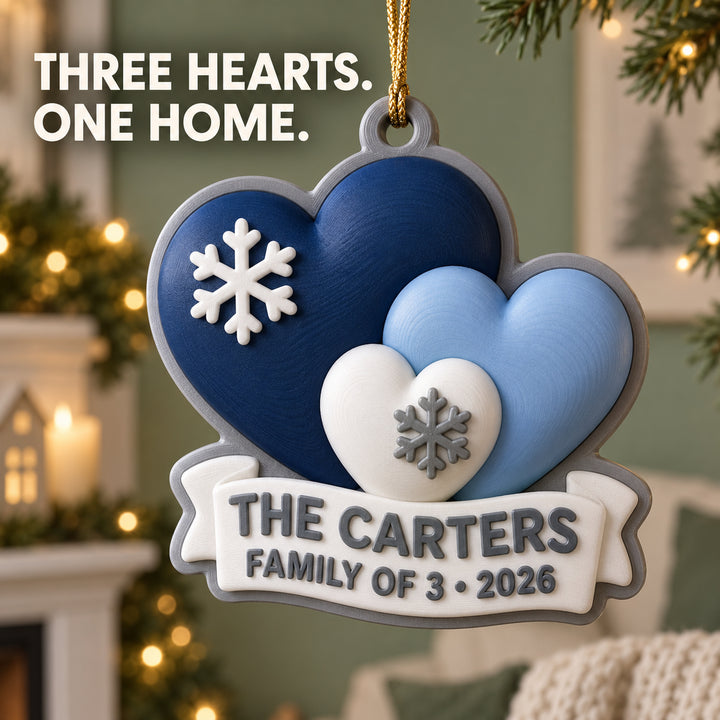 Personalized Family Three Hearts 3D Ornament - Custom Christmas Keepsake - image 1