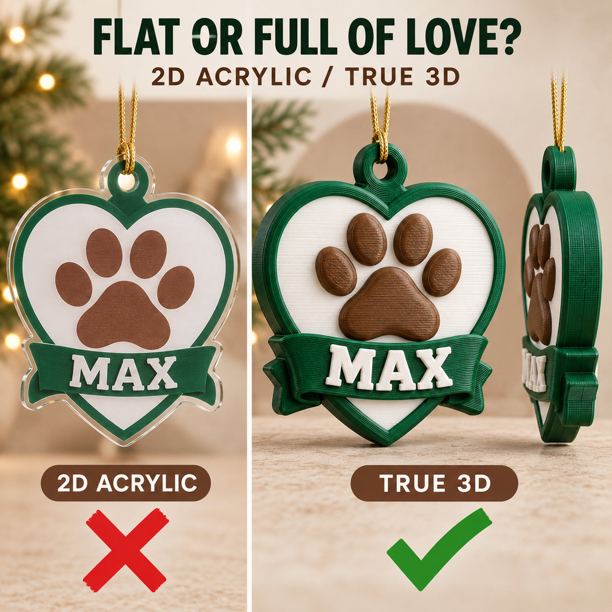 Personalized Memorial Heart Paw 3D Ornament - Custom Christmas Keepsake - image 3