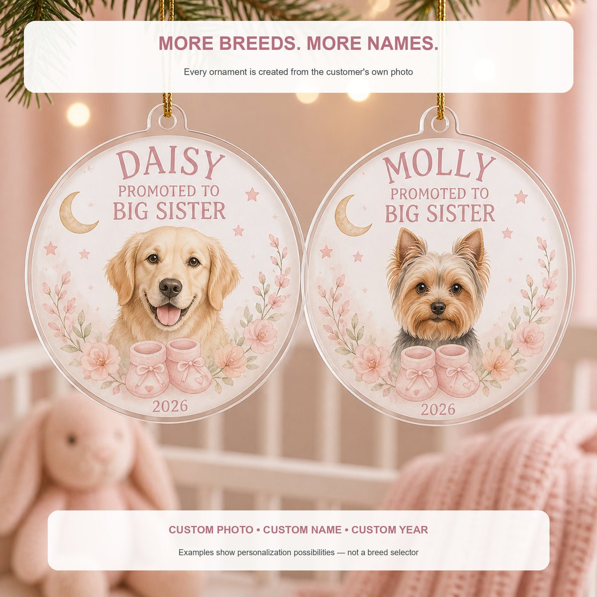 Personalized Big Sister Pregnancy Reveal Dog Photo Acrylic Ornament - Custom Pet Keepsake - image 4
