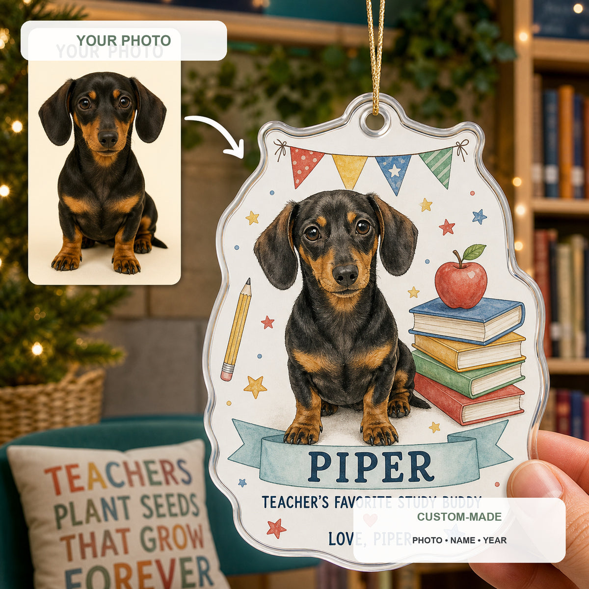 Personalized Teacher Study Buddy Dog Photo Acrylic Ornament - Custom Pet Keepsake - image 1