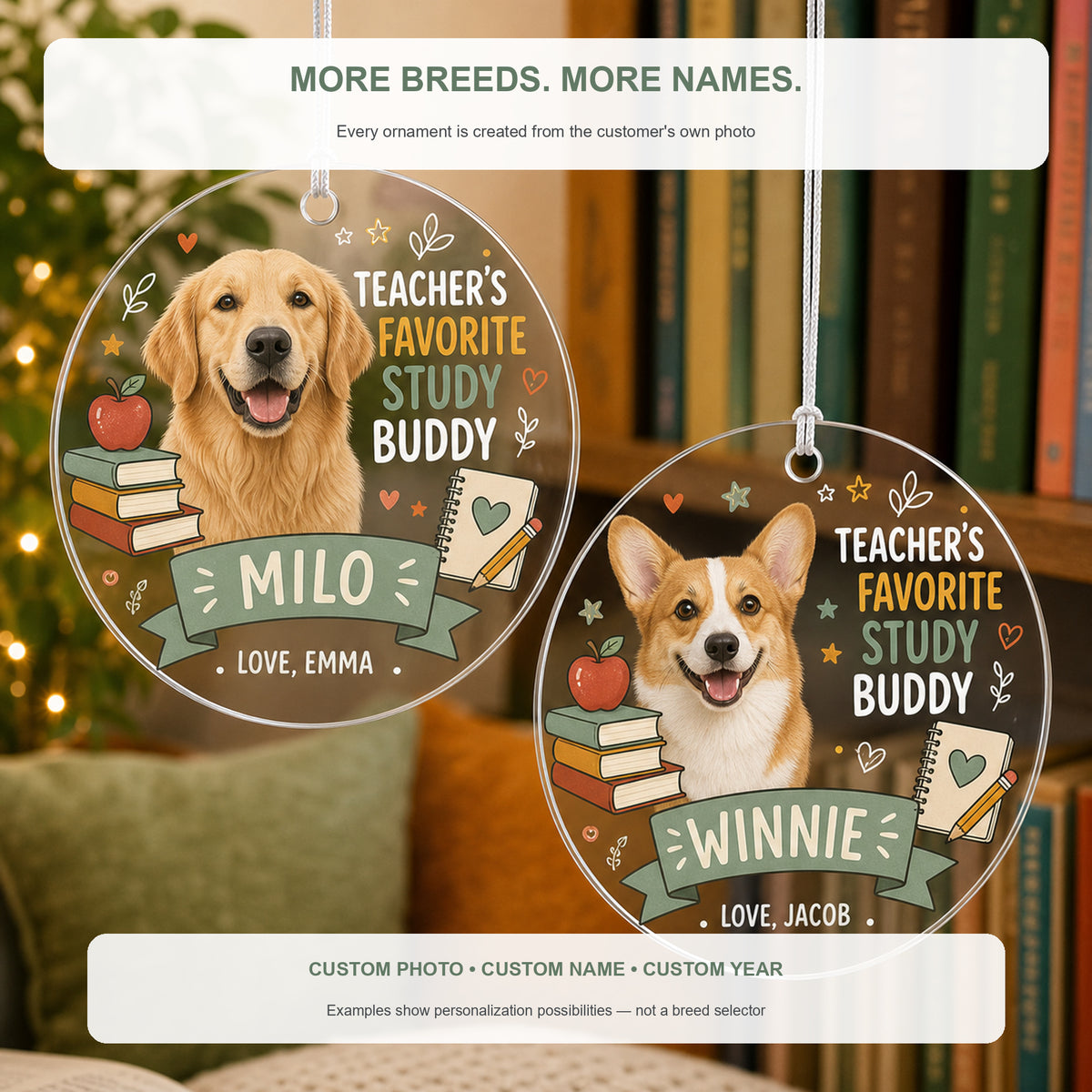 Personalized Teacher Study Buddy Dog Photo Acrylic Ornament - Custom Pet Keepsake - image 4