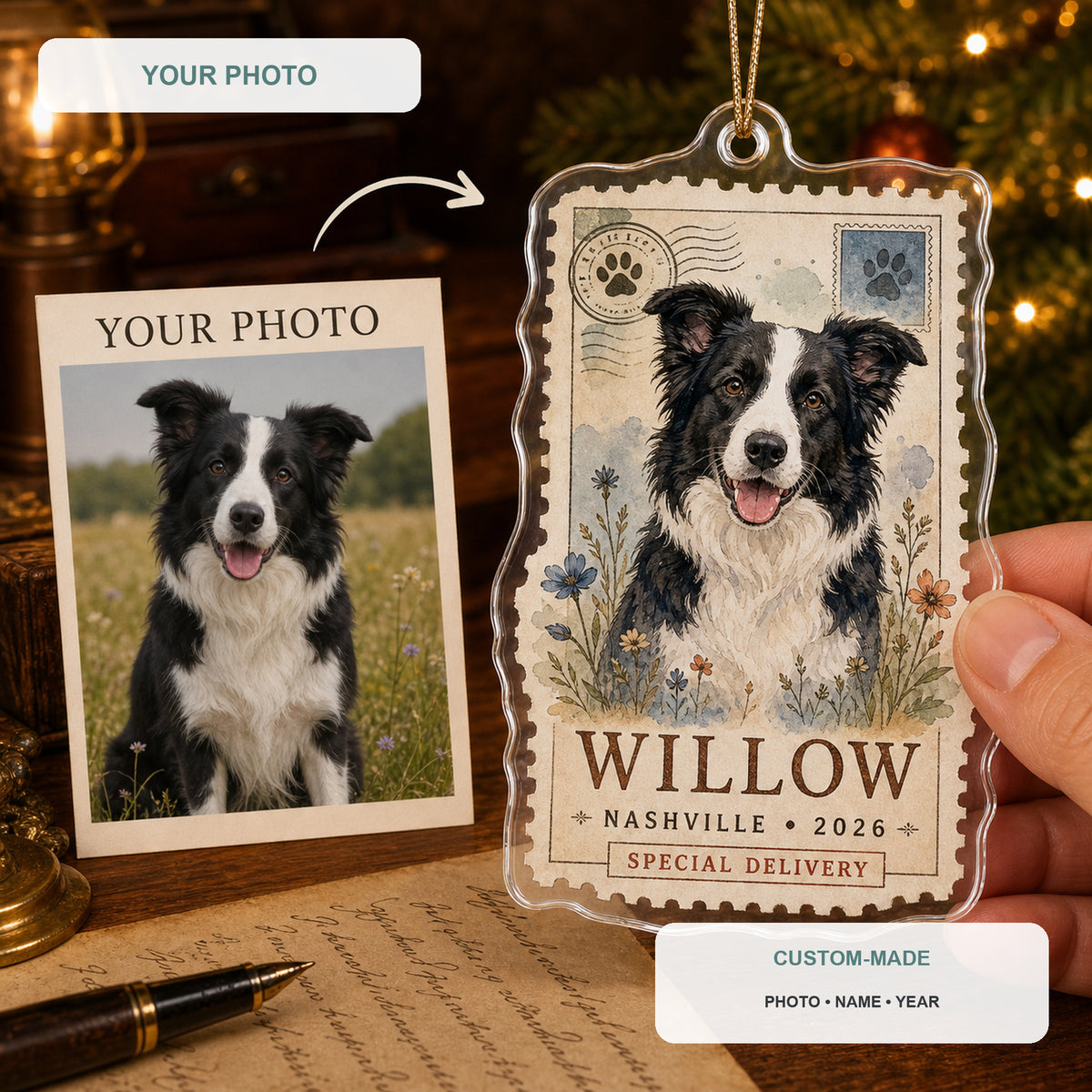 Personalized Vintage Postage Dog Photo Acrylic Ornament - Custom Pet Keepsake - image 1