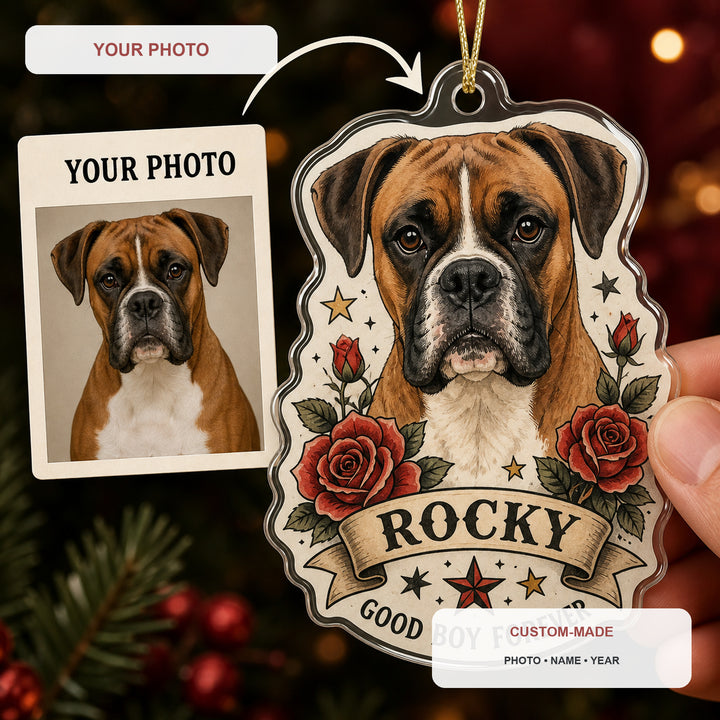 Personalized Vintage Tattoo Dog Photo Acrylic Ornament - Custom Pet Keepsake - image 1