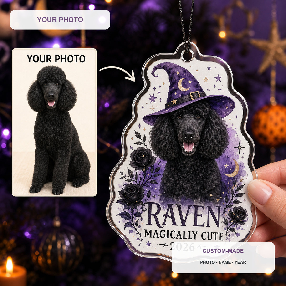 Personalized Witch Hat Dog Photo Acrylic Ornament - Custom Pet Keepsake - image 1