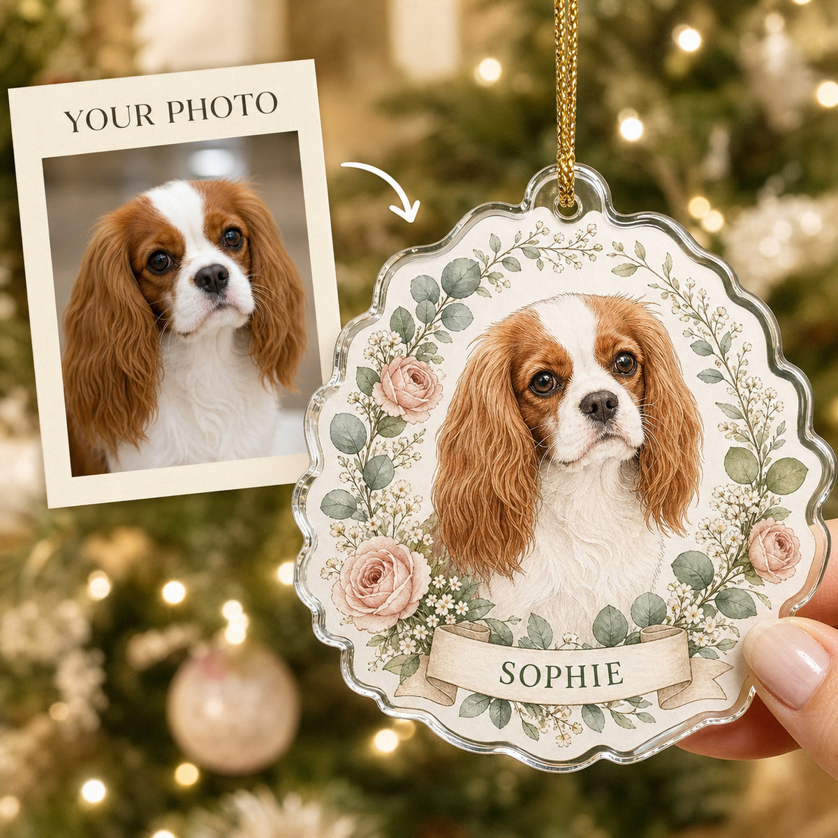 Personalized Floral Wreath Dog Photo Acrylic Ornament - Custom Pet Keepsake - image 1