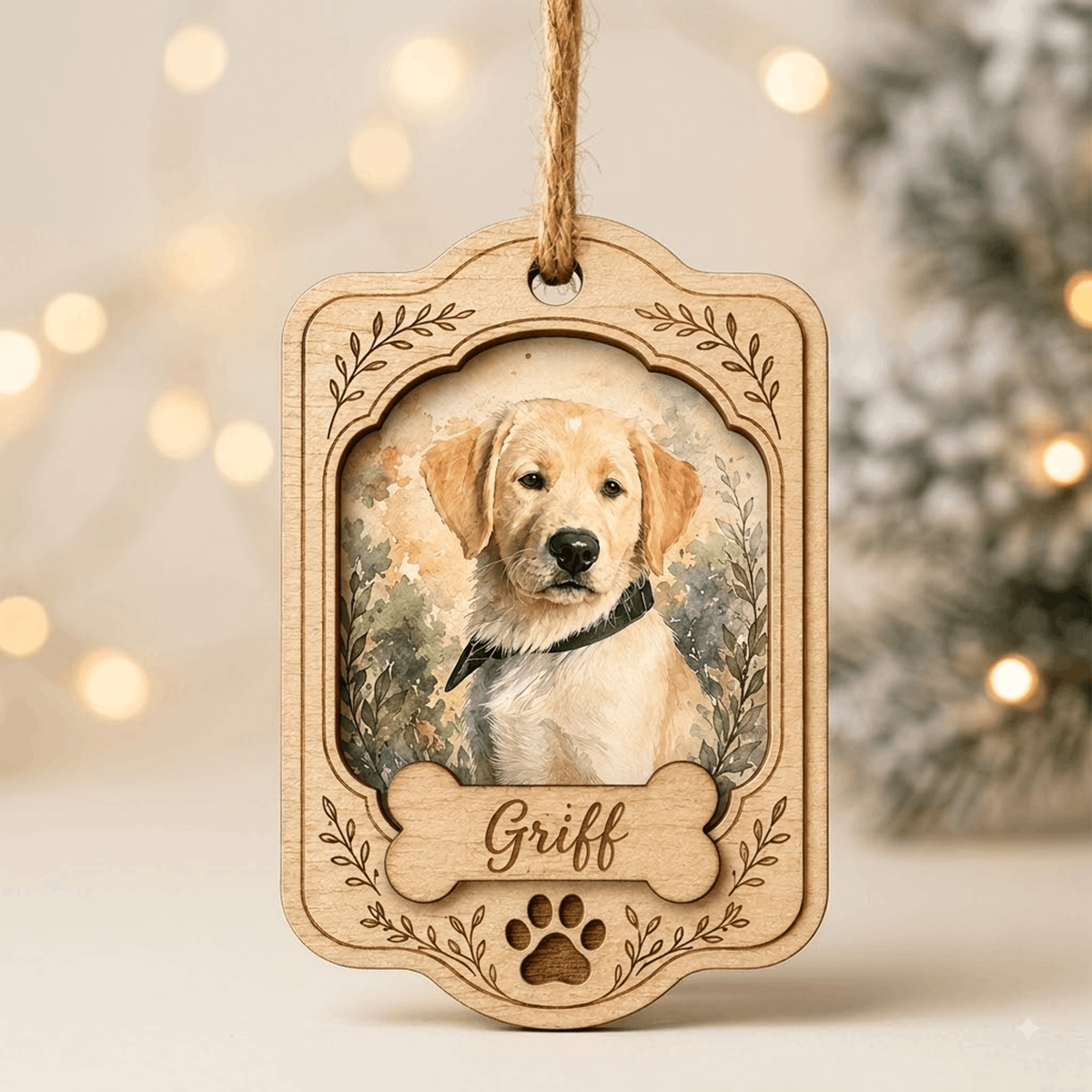 Personalized Floral Portrait Dog Photo Wood Ornament - Custom Pet Keepsake - image 3