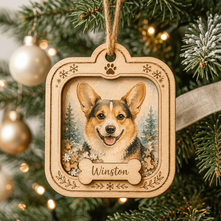 Personalized Leaf Wreath Dog Photo Wood Ornament - Custom Pet Keepsake - image 1