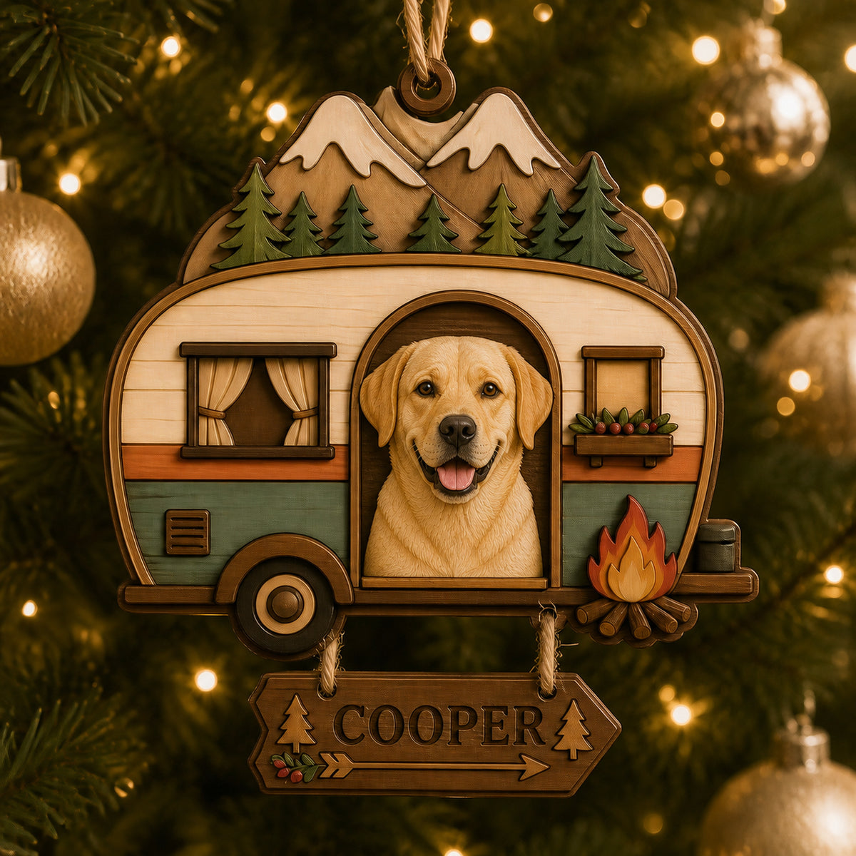Personalized Camper Pup Photo Wood Ornament - Custom Pet Keepsake - image 1