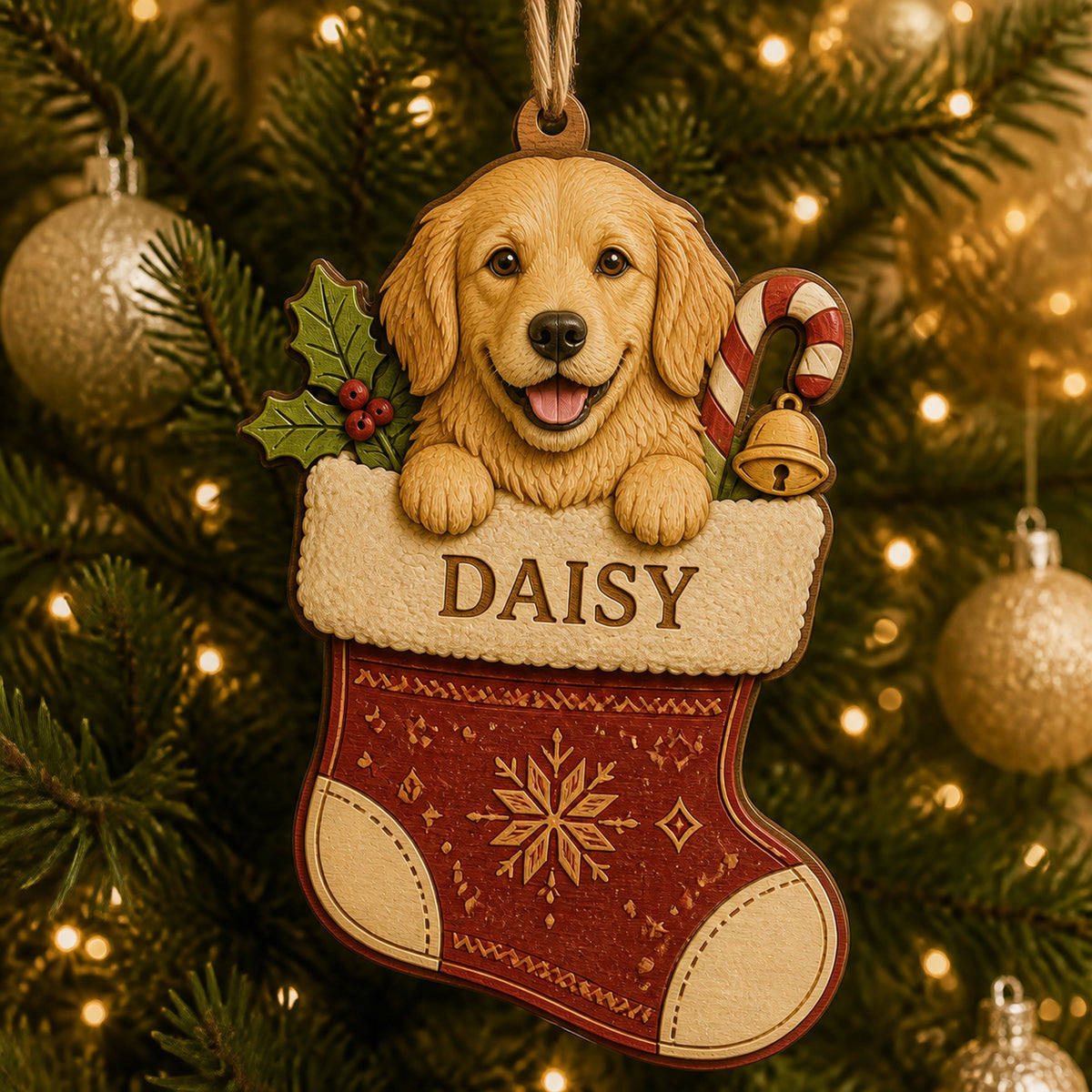 Personalized Christmas Stocking Pup Photo Wood Ornament - Custom Pet Keepsake - image 1