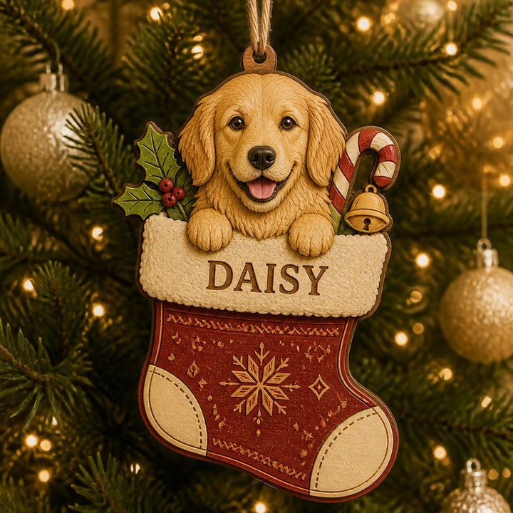 Personalized Christmas Stocking Pup Photo Wood Ornament - Custom Pet Keepsake - image 1