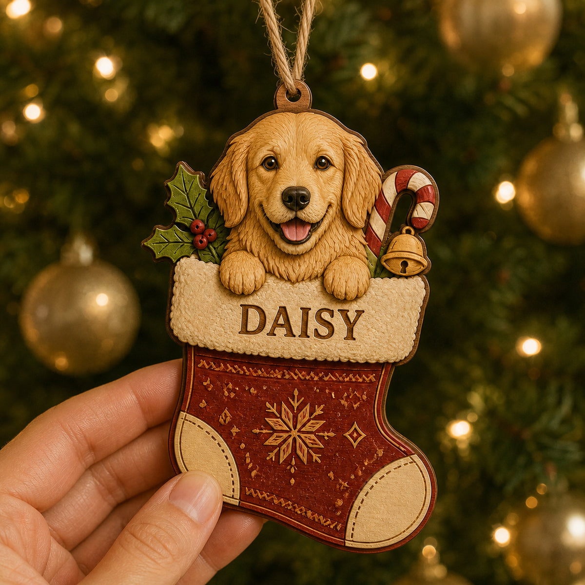 Personalized Christmas Stocking Pup Photo Wood Ornament - Custom Pet Keepsake - image 3