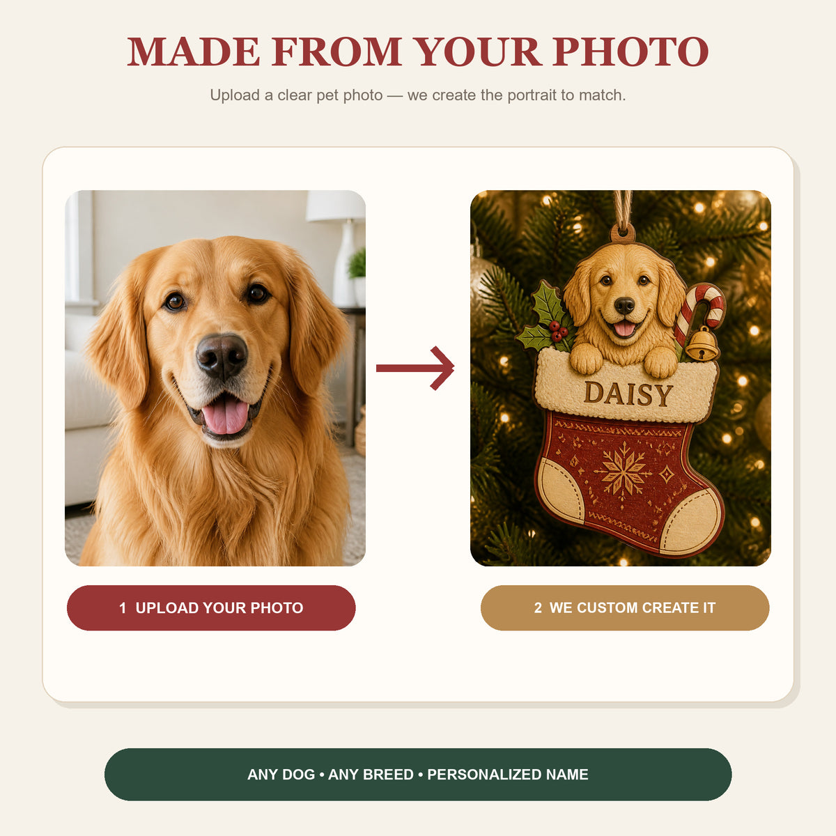 Personalized Christmas Stocking Pup Photo Wood Ornament - Custom Pet Keepsake - image 6
