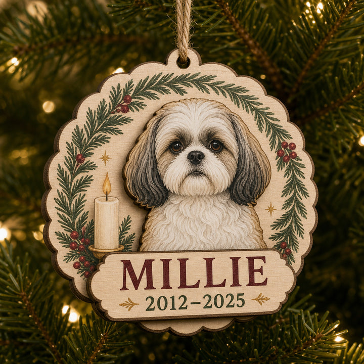 Personalized Christmas Candle Pet Memorial Photo Wood Ornament - Custom Pet Keepsake - image 1